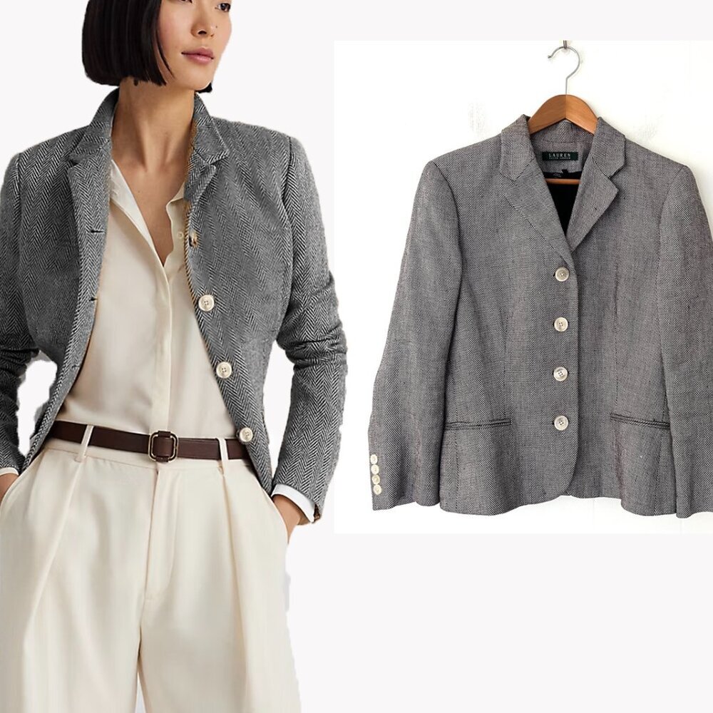 Lauren Ralph Lauren Gray Herringbone Tweed Linen Blazer Jacket Size 10